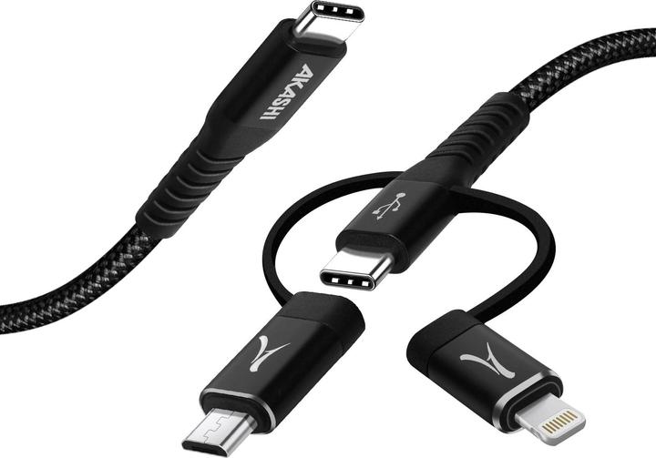 Produktbild Akashi 3-in-1 3A Lade- und Synchro-Kabel, Länge 1m, - Schwarz (0.10 m, USB 3.2 Gen 1)
