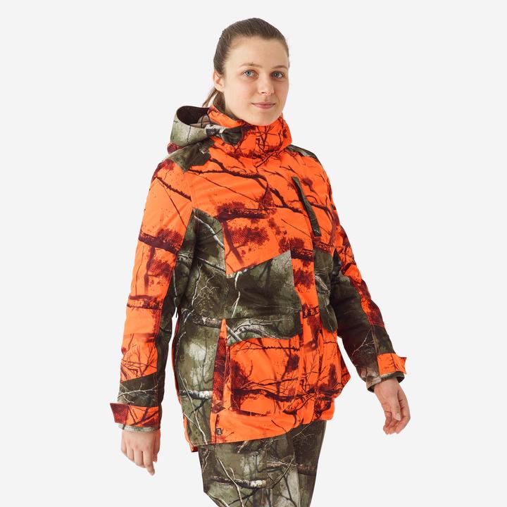Solognac Women’s 3-in-1 warm silent waterproof hunting jacket neon camouflage 500