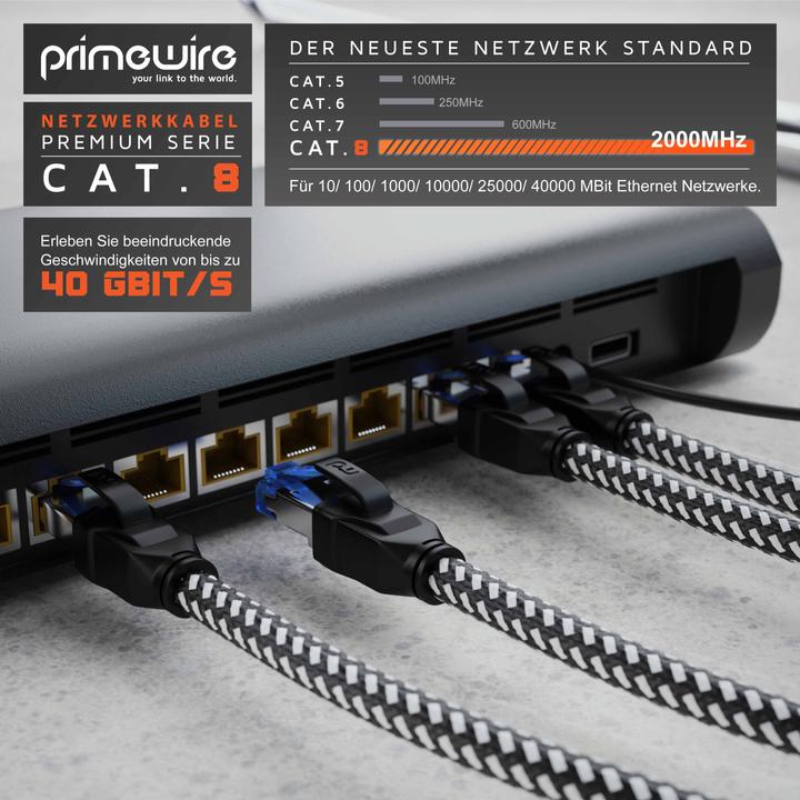 Produktbild Primewire CAT 8 Netzwerkkabel 40 Gbits - Baumwollmantel - LAN Kabel Patchkabel RJ45 - S/FTP PIMF Schirmung (S/FTP, CAT8.1, 0.50 m)