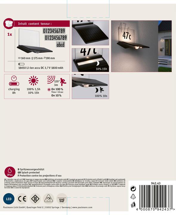Produktbild Paulmann Solar Hausnummernleuchte (145 lm, IP44)