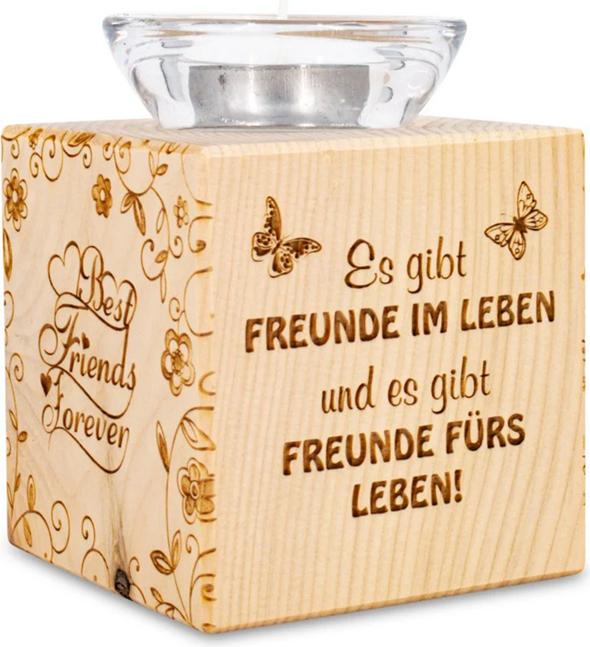 Produktbild ZNatur Zirben Holz Teelichthalter Würfel & Glas Dekogeschenk mit Gravur Es gibt Freunde im Leben No. (1 x)
