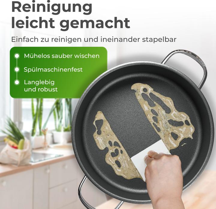 Produktbild KLAMER 28cm Induktion Servierpfanne, Antihaft, Backofenfest, inkl. Deckel (28 cm, Pfannenset + Topfset, Edelstahl)