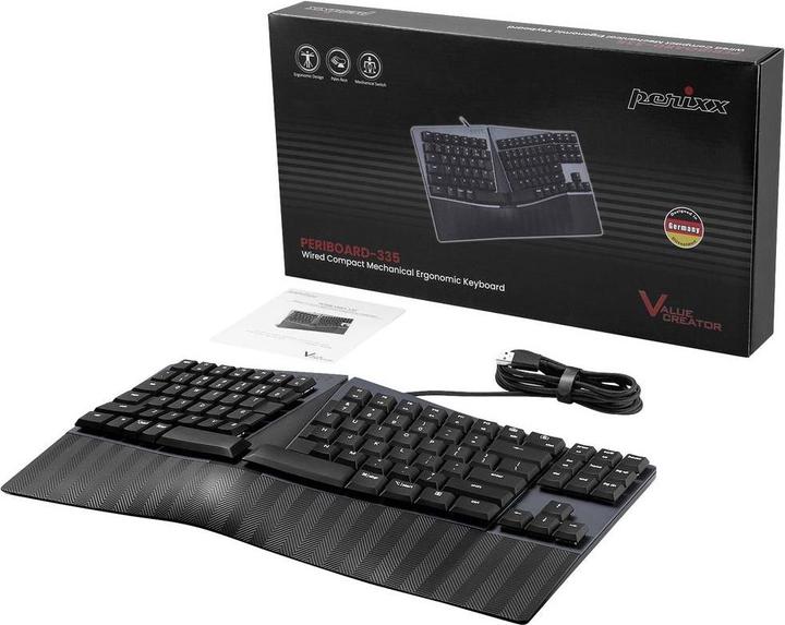 Produktbild Perixx PERIBOARD-335 DE BL, Kabelgebundene ergonomische mechanische kompakte Tastatur - flache blau (DE, Kabelgebunden)
