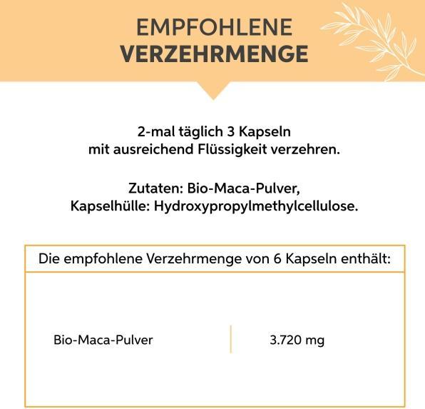 Valeurs nutritives et ingrédients Eltabia Gélules de maca bio 100 (100 pièce(s), Capsules)