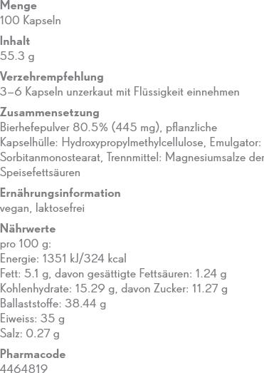 Nährwerte und Zutaten Phytopharma Bierhefe (100 Stück, Kapseln, 55.30 g)