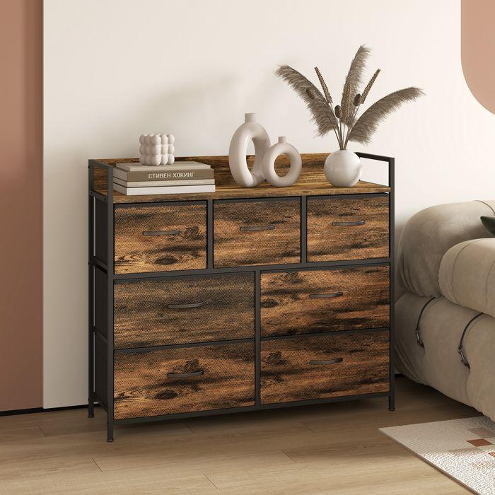 Produktbild Swisshandel24 Kommode, Sideboard mit 7 Stoffschubladen, Industrial Design, Stahlrahmen, 98x29x85cm, Braun/Schwarz