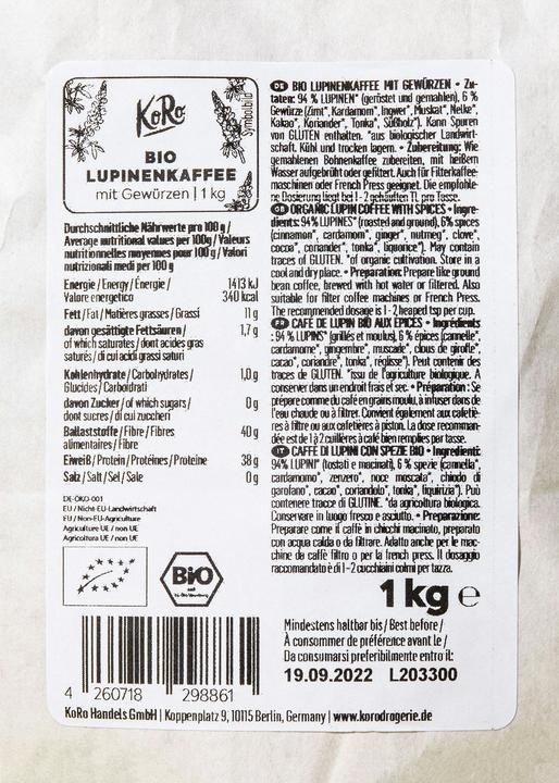 Nährwerte und Zutaten KoRo Lupinenkaffee mit Gewürzen (Mittlere Röstung, 1000 g)