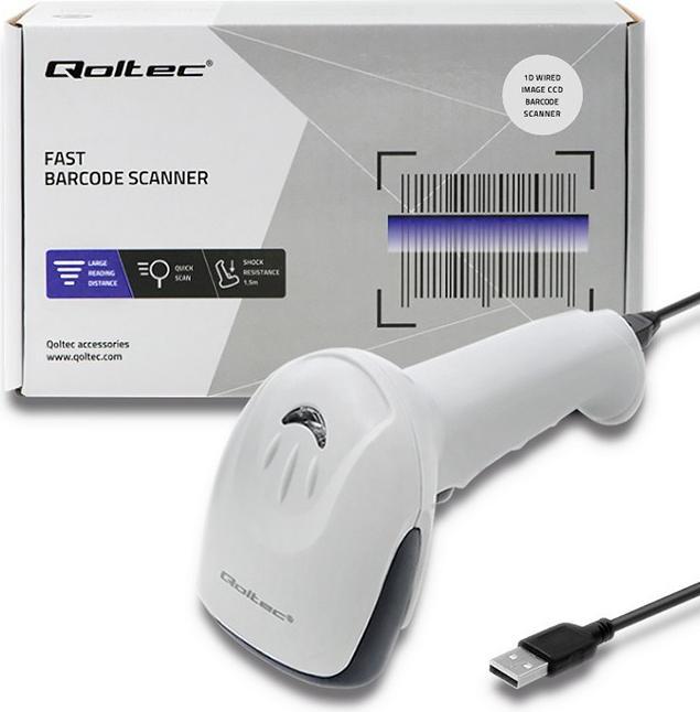 Produktbild Qoltec 50865 Barcode scanner 1D CCD USB Baltas (1D-Barcodes)