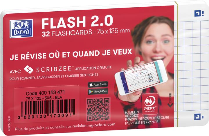 Image du produit Oxford Fiches Flash 2.0, 75 x 125 mm, quadrillées blanc, 250 g/qm, coins arrondis, certifiées PEFC (75 x 125 mm, 250 g/m², 64 x)