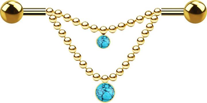 Immagine prodotto Star Piercing Barbell placcato oro due sfere due catene pietra turchese (senza ottone, Mnerale, Acciaio chirurgico 316L)