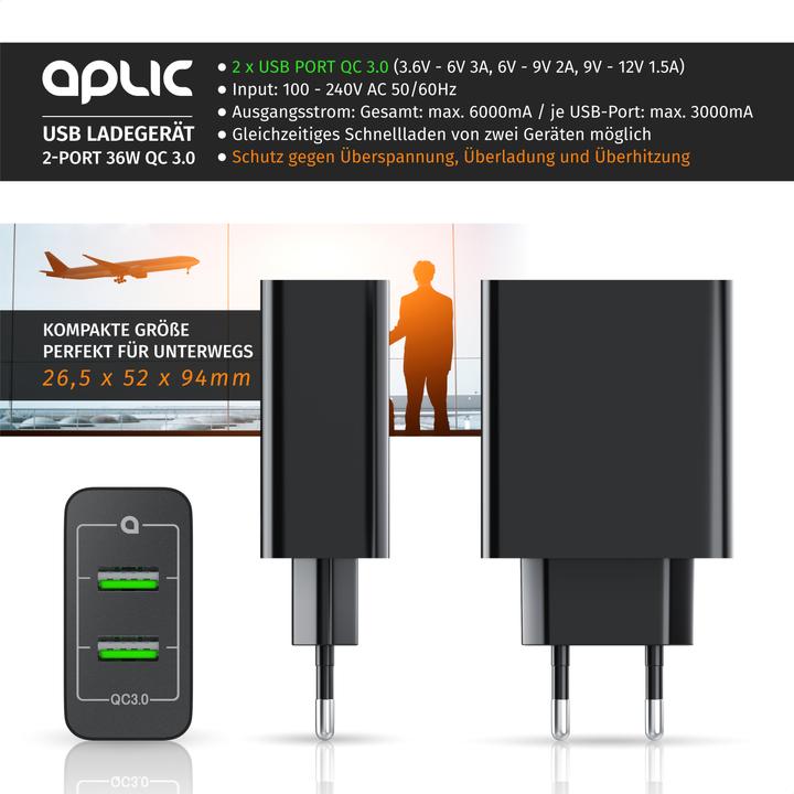 Immagine prodotto Aplic Caricatore USB, caricatore USB a 2 porte Quick Charge 36 W / 6000 mA / funzione di ricarica rapida (36 W)