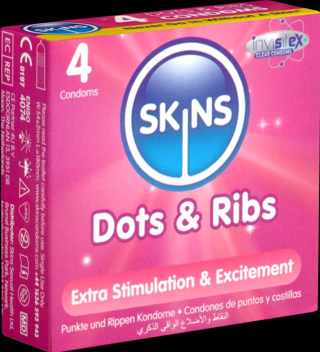 Produktbild Skins Dots & Ribs» 4 gerippt/genoppte Kondome aus kristallklarem Latex - ohne Latexgeruch (4 Stk.)