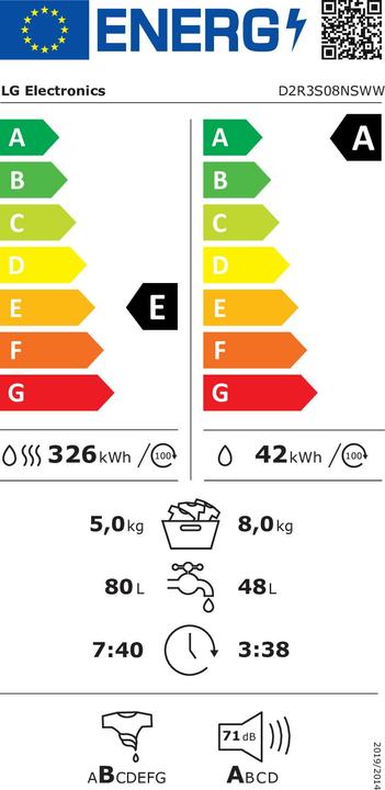 Energy Label LG D2R3S08NSWW Washer-dryer slim 8/5kg AI DD, Class E, 1200 rpm, AI Wash, Steam