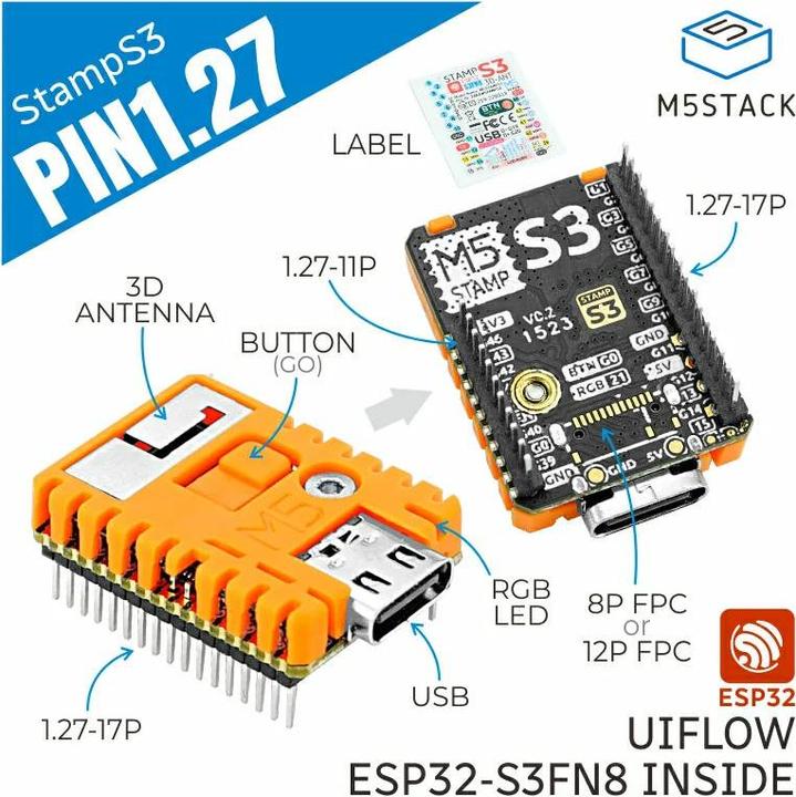 Produktbild M5Stack Entwicklerboard M5StampS3 mit 1.27 Header Pin