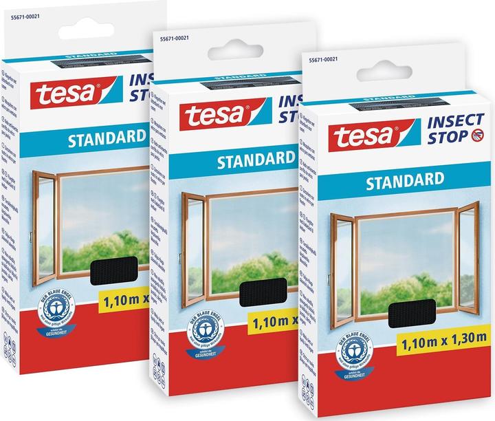 Produktbild tesa 3x Insektenschutz STANDARD für Fenster, mit Klettband, ohne Bohren (110 x 130 cm)