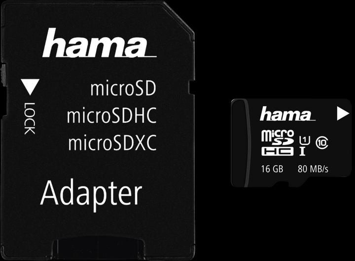Immagine prodotto Hama microSDHC 16GB + adattatore/mobile (16 GB, microSDHC, U1, UHS-I)