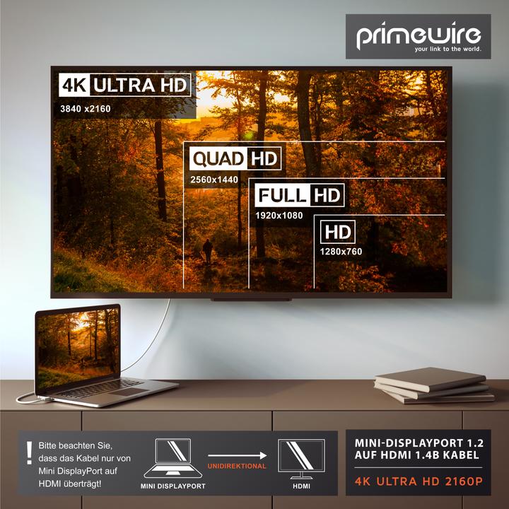 Produktbild Primewire 4k Mini Displayport 1.2 auf HDMI Kabel | Thunderbolt 1- und Thunderbolt 2 Ports | 4K Ultra HD 2160p (1 m, DisplayPort, HDMI)