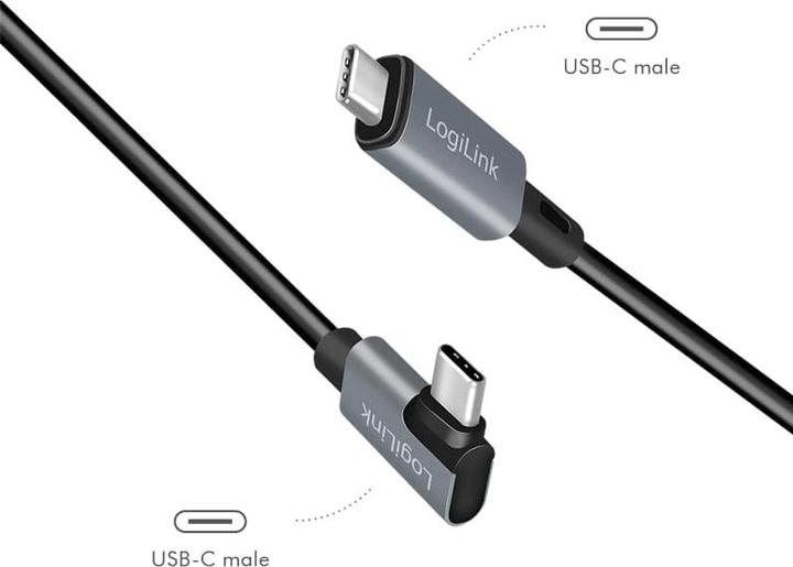Produktbild LogiLink USB 2.0 Type-C-Kabel, USB-C/M 90° zu USB-C/M, E-mark, PD, schwarz, 2 m (2 m, USB 2.0)