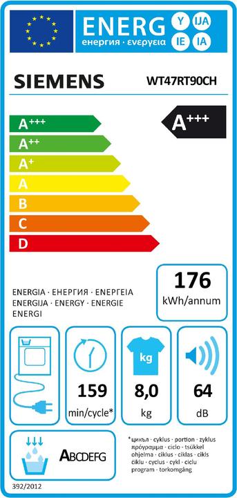 Energie-Label Siemens WT47RT90CH (8 kg, Rechts, CH-Stecker)