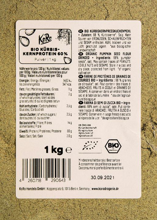 Valeurs nutritives et ingrédients KoRo Farine de tourteau de pépins de courge bio (1000 g)