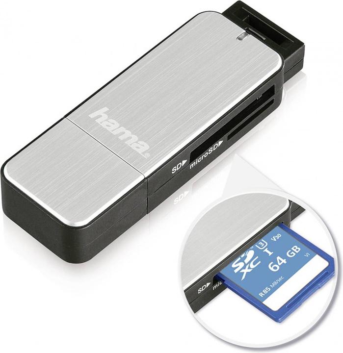Produktbild Hama USB-3.0-SD-/microSD-Kartenleser, Silber (USB 3.0)