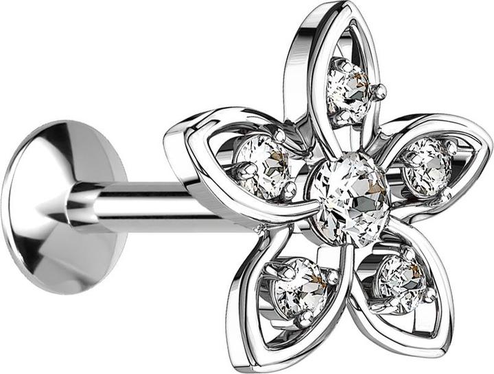 Star Piercing Micro UFO Labret Innengewinde silber mit Blume und Kristall silber (Messing, Chirurgenstahl 316L)