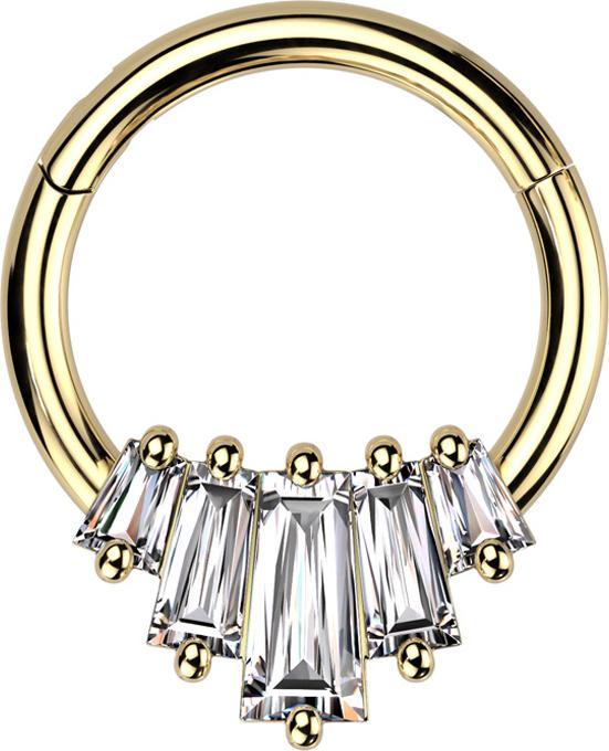Star Piercing Micro Segmentring klappbar vergoldet fünf Kristalle Baguette (Messing, Chirurgenstahl 316L)