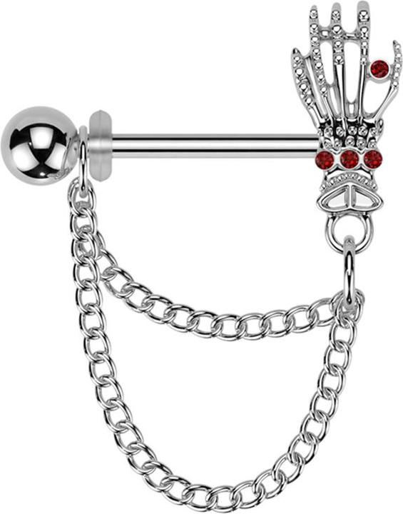 Produktbild Star Piercing Barbell silber mit Kugel und Skeletthand Kristalle rot Anhänger zwei Ketten rechts (Chirurgenstahl 316L, Messing)