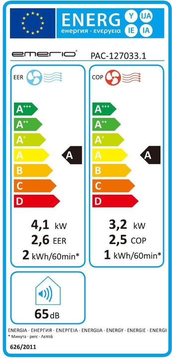 Etichetta energetica Emerio Condizionatore d'aria 3-in-1 14'000 BTU/h (68 m², 14000 BTU/h)