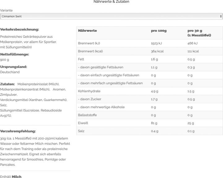 Nutritional values and ingredients Vast Pro Whey (Cinnamon Swirl, 1 pcs., 900 g)