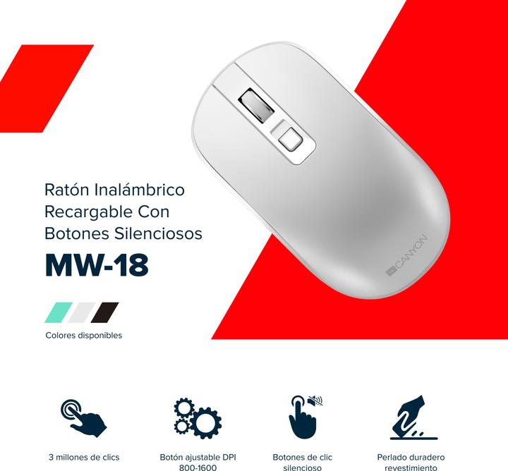Image du produit Canyon Souris MW-18 Wireless rechargeable silent Pixart pearl (Sans fil)