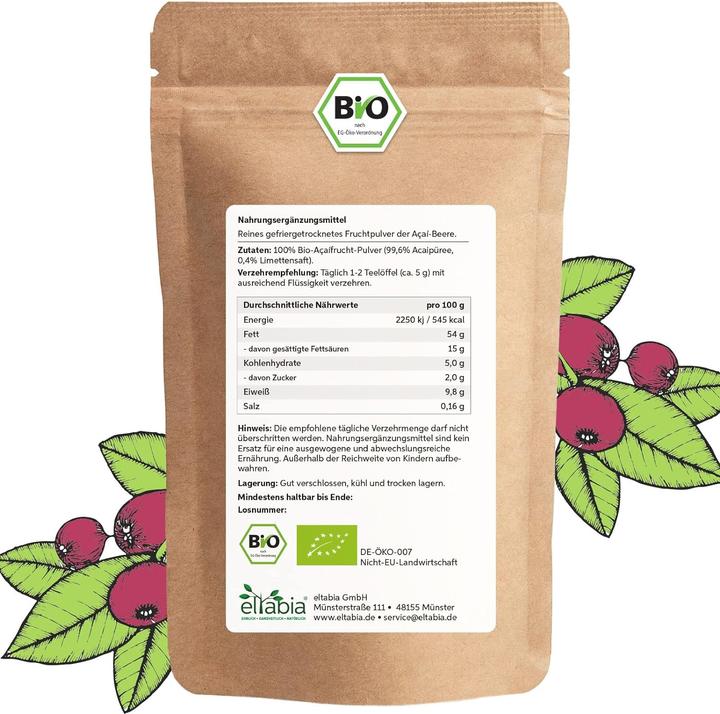 Produktbild Eltabia Bio Acai Pulver in gefriergetrockneter Rohkost Qualität | 100% rein ohne Zusatzstoffe und Vegan (Pulver, 100 g)