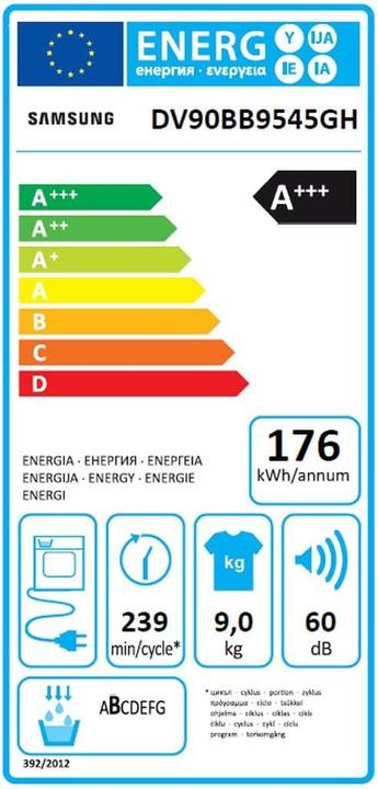 Etichetta energetica Samsung DV9400 (9 kg, A destra, Modificabile)