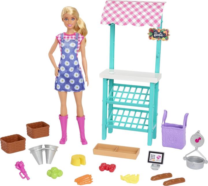 Produktbild Barbie Bauernmarkt-Spielset "Spass auf dem Bauernhof", -Puppe (blond), Marktstand, Acker, Gemüse, Brot