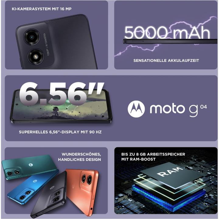 Image du produit Motorola Moto G04 (64 Go, Concord Black, 6.56", Double SIM, 16 Mpx, 4G)