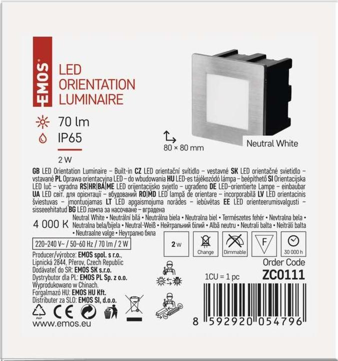 Produktbild Emos LED Treppenlicht – Einbauleuchte 80×80 1,5W neut. weiss IP65 (65 lm)