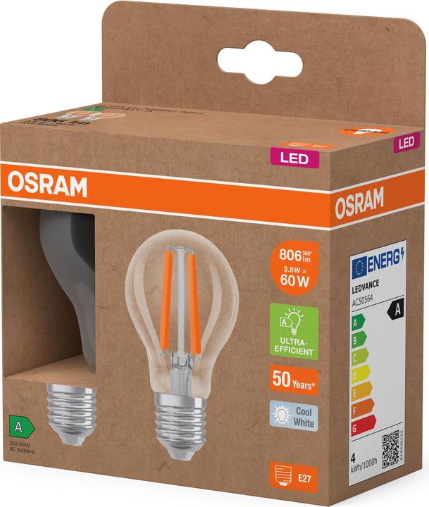 Image du produit Osram LED LAMPS ENERGY CLASS A ENERGY EFFICIENCY FILAMENT CLASSIC A 3.8W 840 Clear E27 (E27, 3.80 W, 806 lm, 6 x, A)