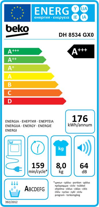 Energy Label Beko DH8534GX0 (8 kg, Right)