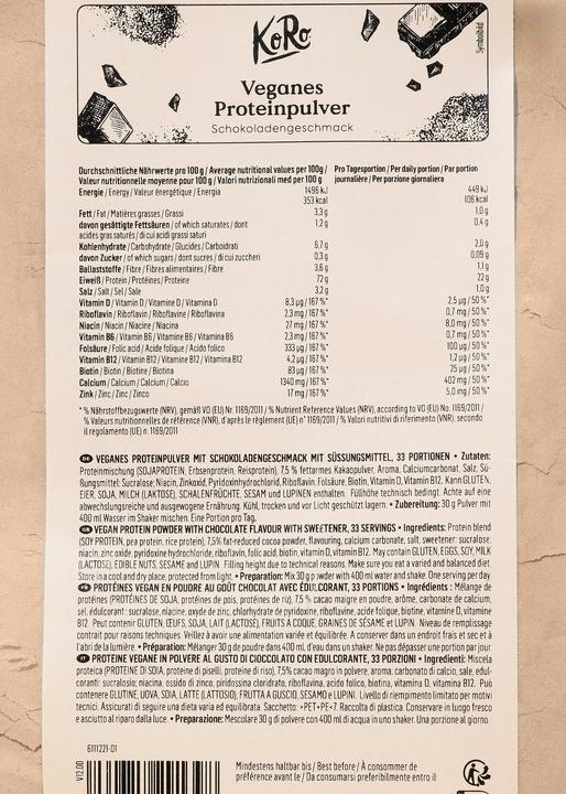 Nährwerte und Zutaten KoRo Veganes Proteinpulver (Schokolade, 1 Stk., 1000 g)