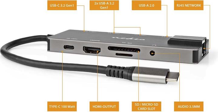 Immagine prodotto Nedis CCBW64775AT02 Adattatore USB USB 3.2 Gen 1 Jack USB-C™ Uscita HDMI™ / Jack RJ45 / SD / 2X U (USB-C, 10 Porti)