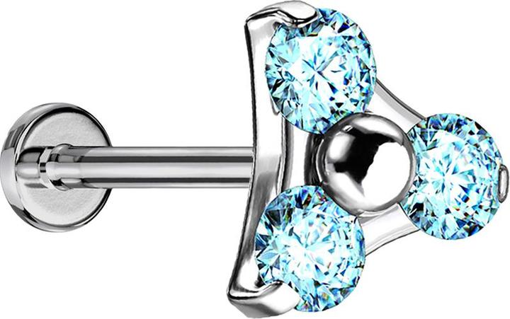 Produktbild Star Piercing Micro Threadless Labret silber Dreieck drei Kristalle aqua (Titan G23, ohne Messing)