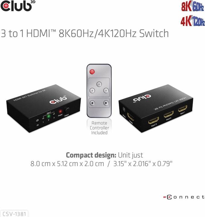 Actual product image Club 3D Club3D HDMI Switchbox 3 inputs -> 1 output 8K60Hz UHD retail