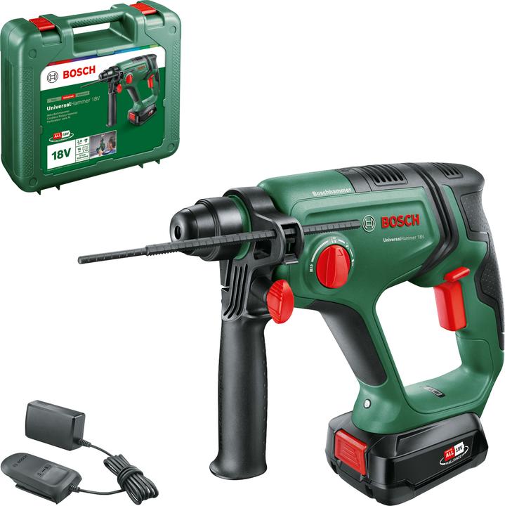 Marteau perforateur sans fil UniversalHammer 18V, 1 pack de batteries PBA 18 V 2,5 Ah W-B, chargeur AL 18V-20, butée de profondeur, mallette de transport