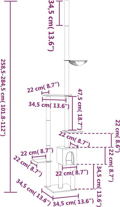 Image du produit VidaXL Kratzbaum Deckenhoch Creme 258,5-284,5cm Katzenbaum Katzenkratzbaum (284.50 cm, Crème)