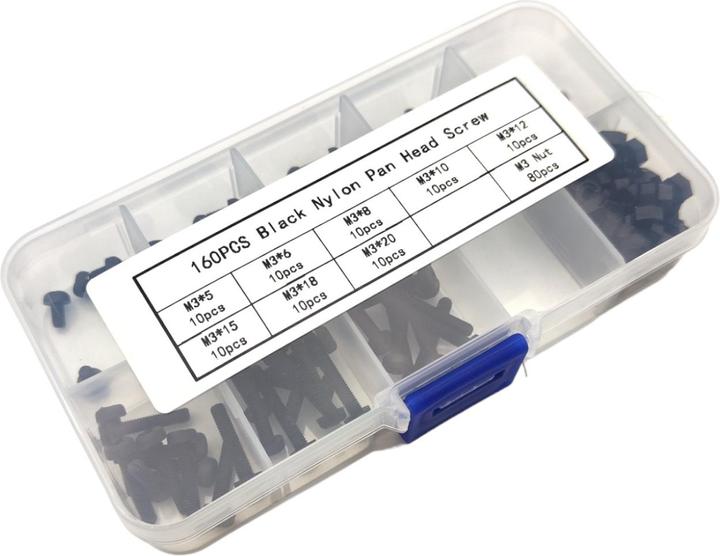 Image du produit Purecrea Assortiment de vis M3 Noir Nylon 160pcs