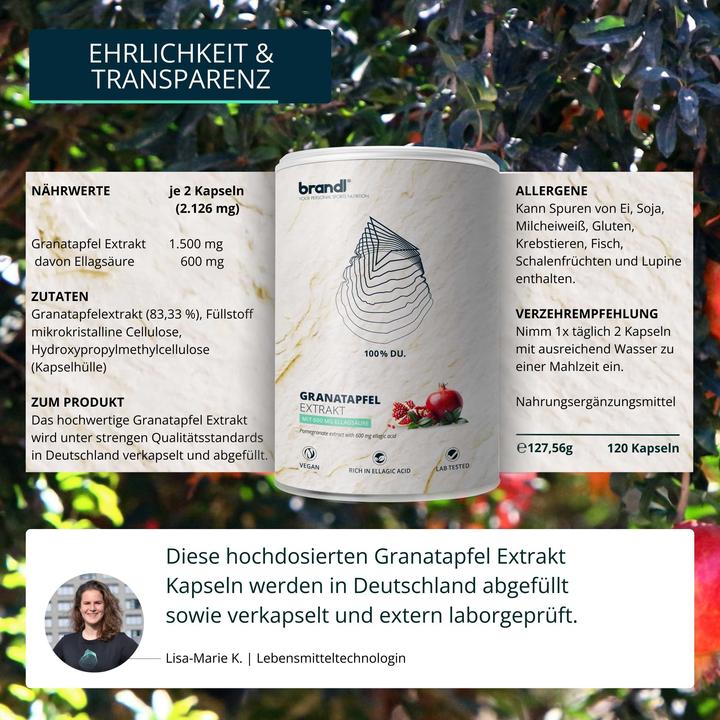 Valori nutrizionali e ingredienti Brandl Capsule di estratto di semi di melograno (1 Pezzo/i, Pillole, 130 g)
