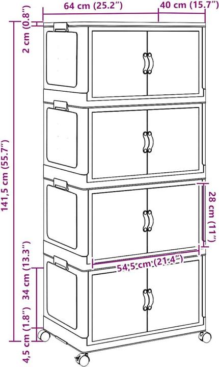 Image du produit VidaXL Boîte de rangement x avec roues Empilable 4 étages 75L 65 x 40 x 145cm (75 l)