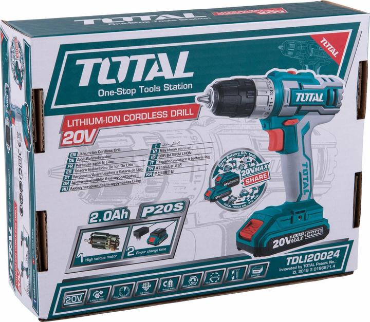 Actual product image Total Cordless drill driver, 1x2000mAh, 20V Li-Ion, charger 2h (Rechargeable battery operated)