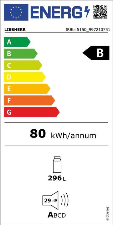 Label énergétique Liebherr plus KÜHLSCHRANK INTEG. BIOF. 178CM (IRBBI 5150) (296 l)