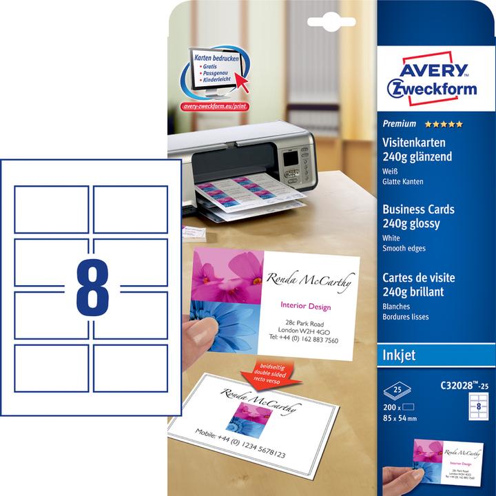 Produktbild Avery Premium Visitenkarten, glatte Kanten, 85x54mm (240 g/m², 25 x, A4)